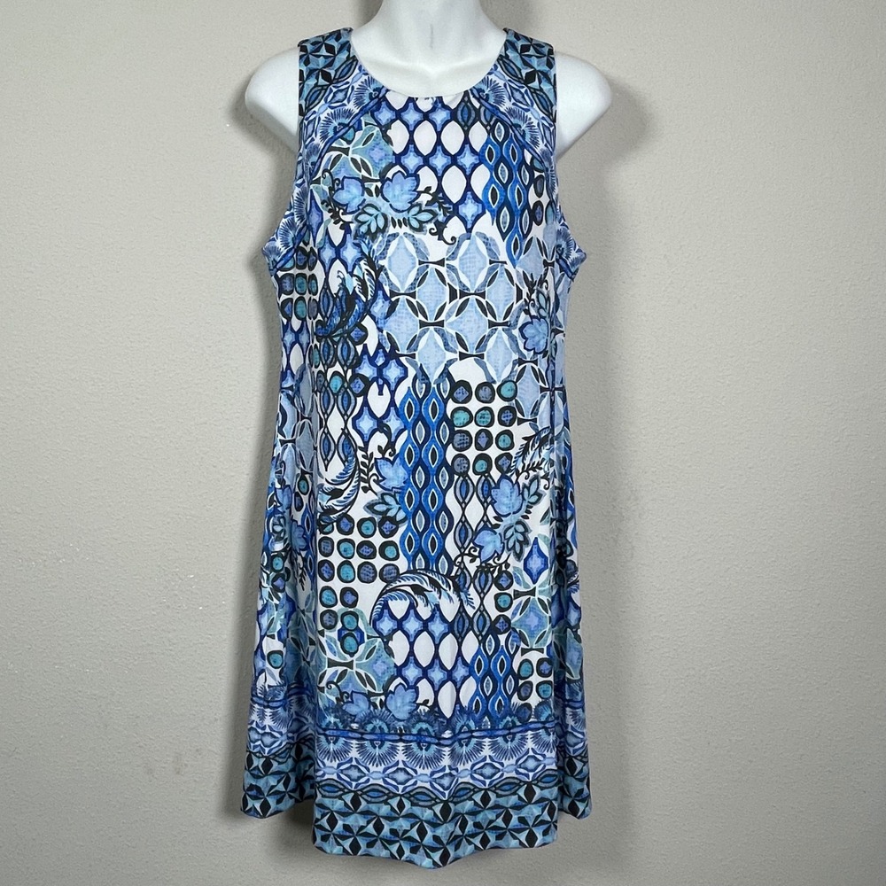 Hale Bob Dress Womens Small Blue White Floral Mosaic Geometric Shift Sleeveless